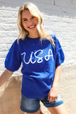 Patriotic USA Blue Knit Embroidery Puff Sleeve Sweater Top