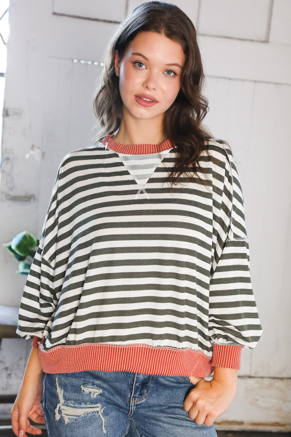 A Stripe Story Rust Crew Neck Pullover