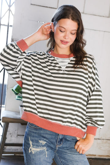 A Stripe Story Rust Crew Neck Pullover