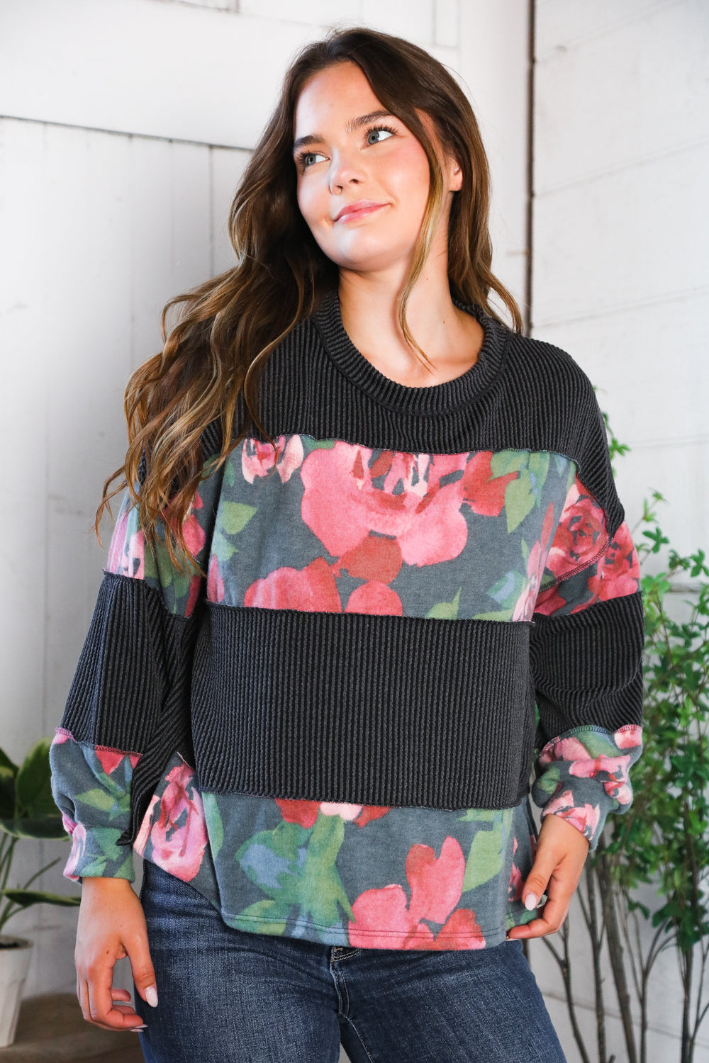 Cottage Roses Charcoal Color Block Long Sleeve