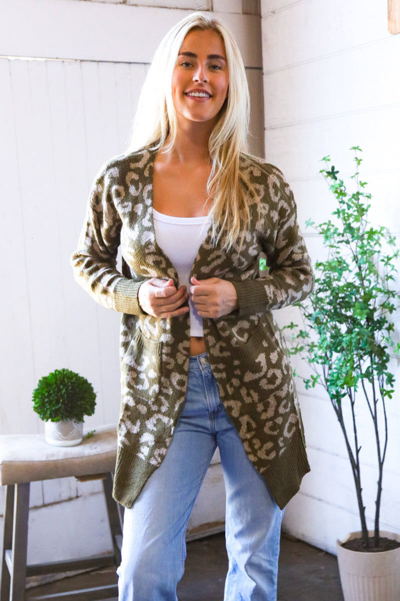 Lounging in Leopard Olive Cardigan