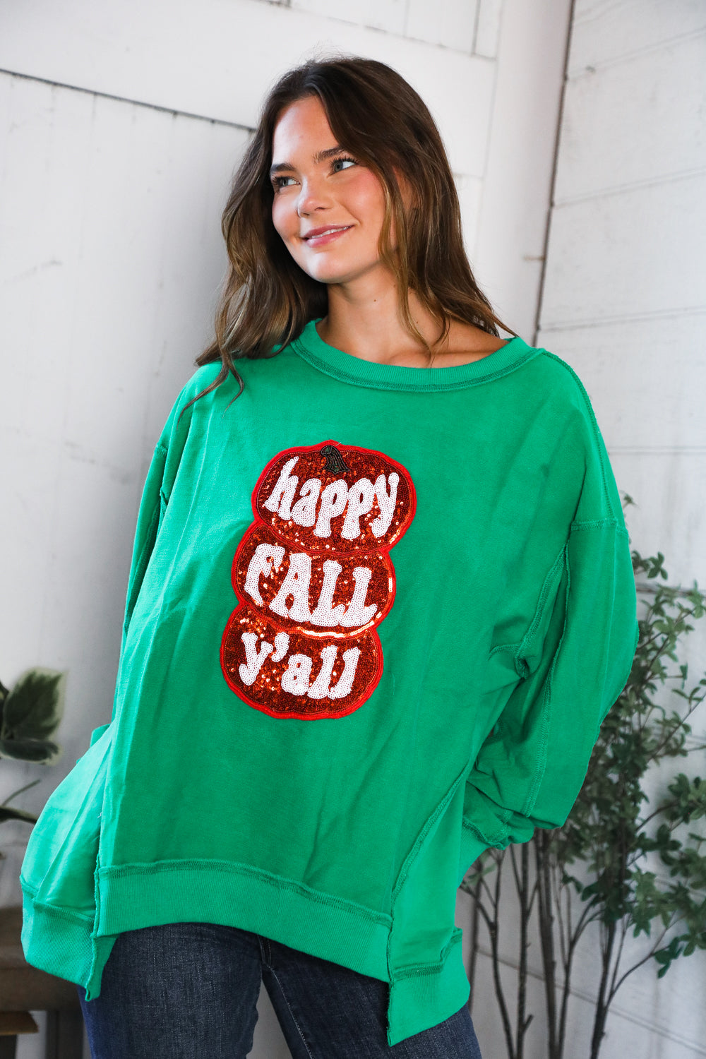 'Happy Fall Y'all' Kelly Green Sweater
