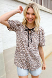 Everyday Animal Print Collar Notch Front Tie Knit Top