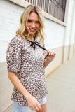 Everyday Animal Print Collar Notch Front Tie Knit Top