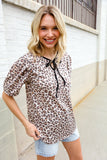 Everyday Animal Print Collar Notch Front Tie Knit Top