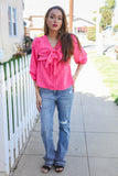 Stay With Me Pink V Neck Ribbon Bow Babydoll Woven Blouse