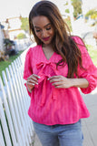 Stay With Me Pink V Neck Ribbon Bow Babydoll Woven Blouse