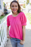 Perfectly You Solid Fuchsia Silk Shirred Cap Short Sleeve Blouse