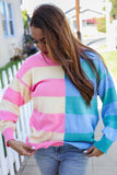 Catch Glances Blush & Blue Stripe Color Block Knit Sweater