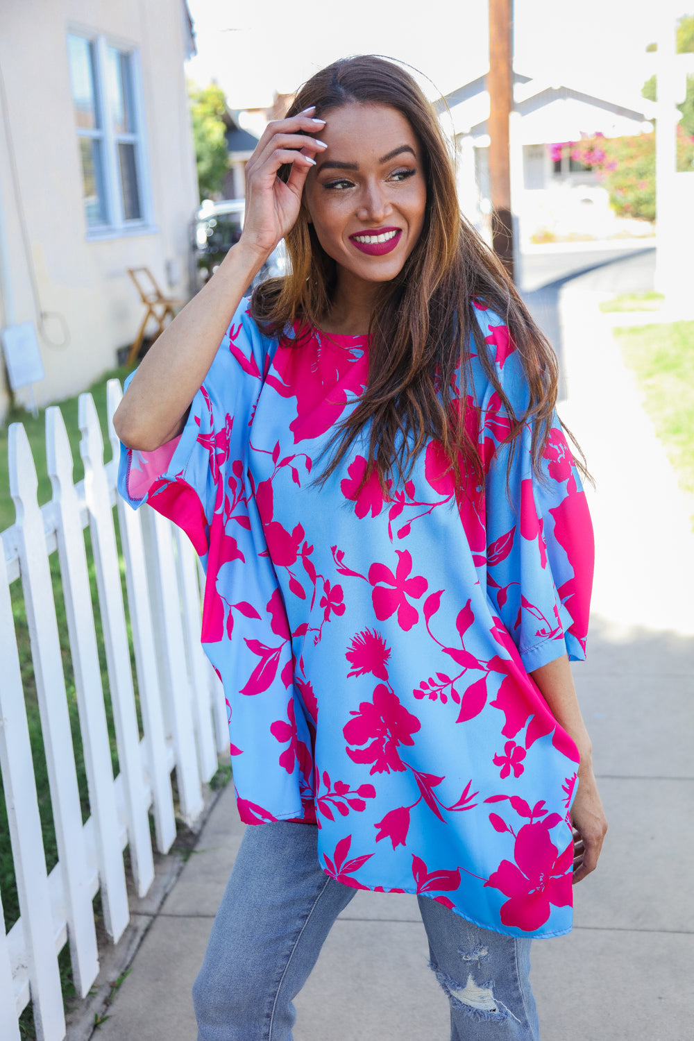 Follow Me Fuchsia Floral Asymmetrical Coverup Blouse