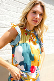 Be Bold Multicolor Abstract Print Flutter Sleeve Mock Neck Top