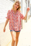 Elegant You Ruby Notched Neck Floral Smocked Sleeve Blouse