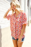 Elegant You Ruby Notched Neck Floral Smocked Sleeve Blouse