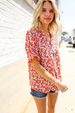 Elegant You Ruby Notched Neck Floral Smocked Sleeve Blouse