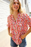 Elegant You Ruby Notched Neck Floral Smocked Sleeve Blouse