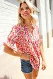 Elegant You Ruby Notched Neck Floral Smocked Sleeve Blouse