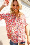 Elegant You Ruby Notched Neck Floral Smocked Sleeve Blouse