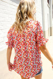Elegant You Ruby Notched Neck Floral Smocked Sleeve Blouse