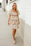 Find Love Floral Print Smocked Neck Puff Sleeve Ruffle Tiered Dress