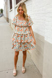 Find Love Floral Print Smocked Neck Puff Sleeve Ruffle Tiered Dress