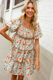 Find Love Floral Print Smocked Neck Puff Sleeve Ruffle Tiered Dress