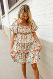 Find Love Floral Print Smocked Neck Puff Sleeve Ruffle Tiered Dress