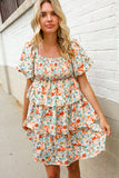 Find Love Floral Print Smocked Neck Puff Sleeve Ruffle Tiered Dress