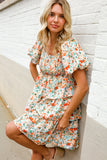 Find Love Floral Print Smocked Neck Puff Sleeve Ruffle Tiered Dress