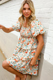 Find Love Floral Print Smocked Neck Puff Sleeve Ruffle Tiered Dress