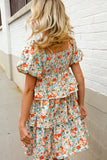 Find Love Floral Print Smocked Neck Puff Sleeve Ruffle Tiered Dress