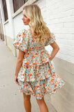 Find Love Floral Print Smocked Neck Puff Sleeve Ruffle Tiered Dress