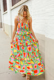 Sunny Days Abstract Print Tiered Ruffle Smocked Sleeveless Maxi