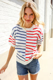Patriotic Red & Blue Stripe Drop Shoulder Oversize Sweater Top