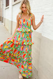 Sunny Days Abstract Print Tiered Ruffle Smocked Sleeveless Maxi