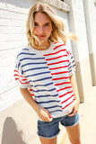 Patriotic Red & Blue Stripe Drop Shoulder Oversize Sweater Top