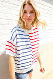 Patriotic Red & Blue Stripe Drop Shoulder Oversize Sweater Top