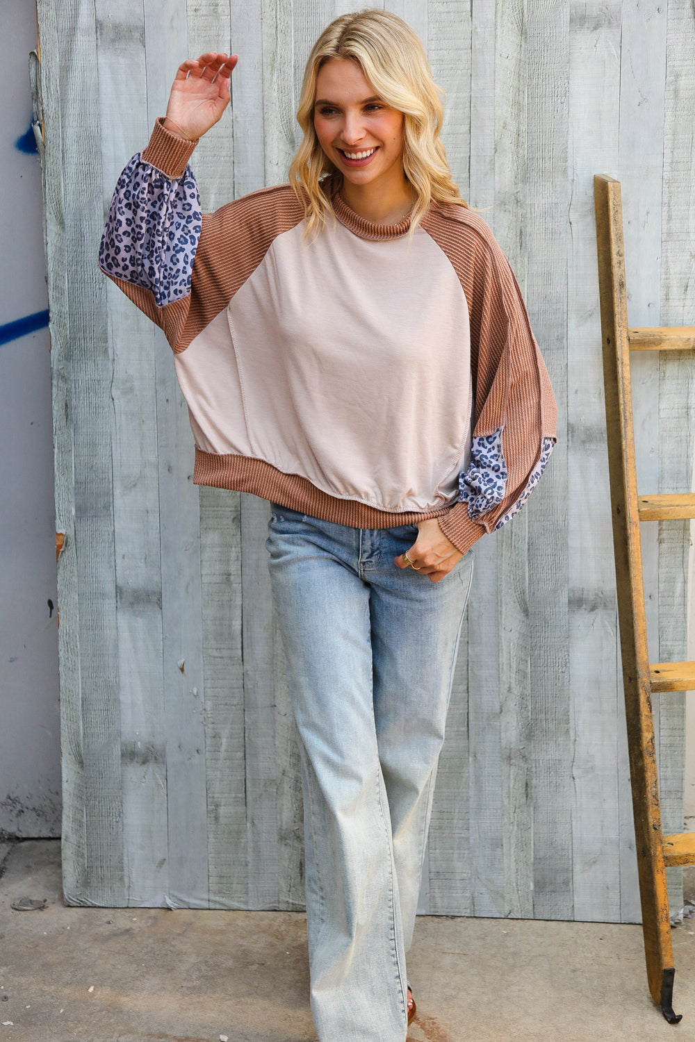 Lock Eyes Taupe & Animal Print Dolman Colorblock Terry Top