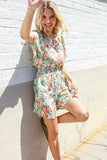 Get Whimsical Tropical Print Smocked Waist Neck Button Romper