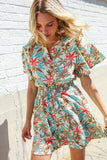 Get Whimsical Tropical Print Smocked Waist Neck Button Romper