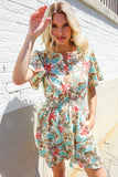 Get Whimsical Tropical Print Smocked Waist Neck Button Romper