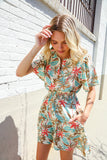 Get Whimsical Tropical Print Smocked Waist Neck Button Romper
