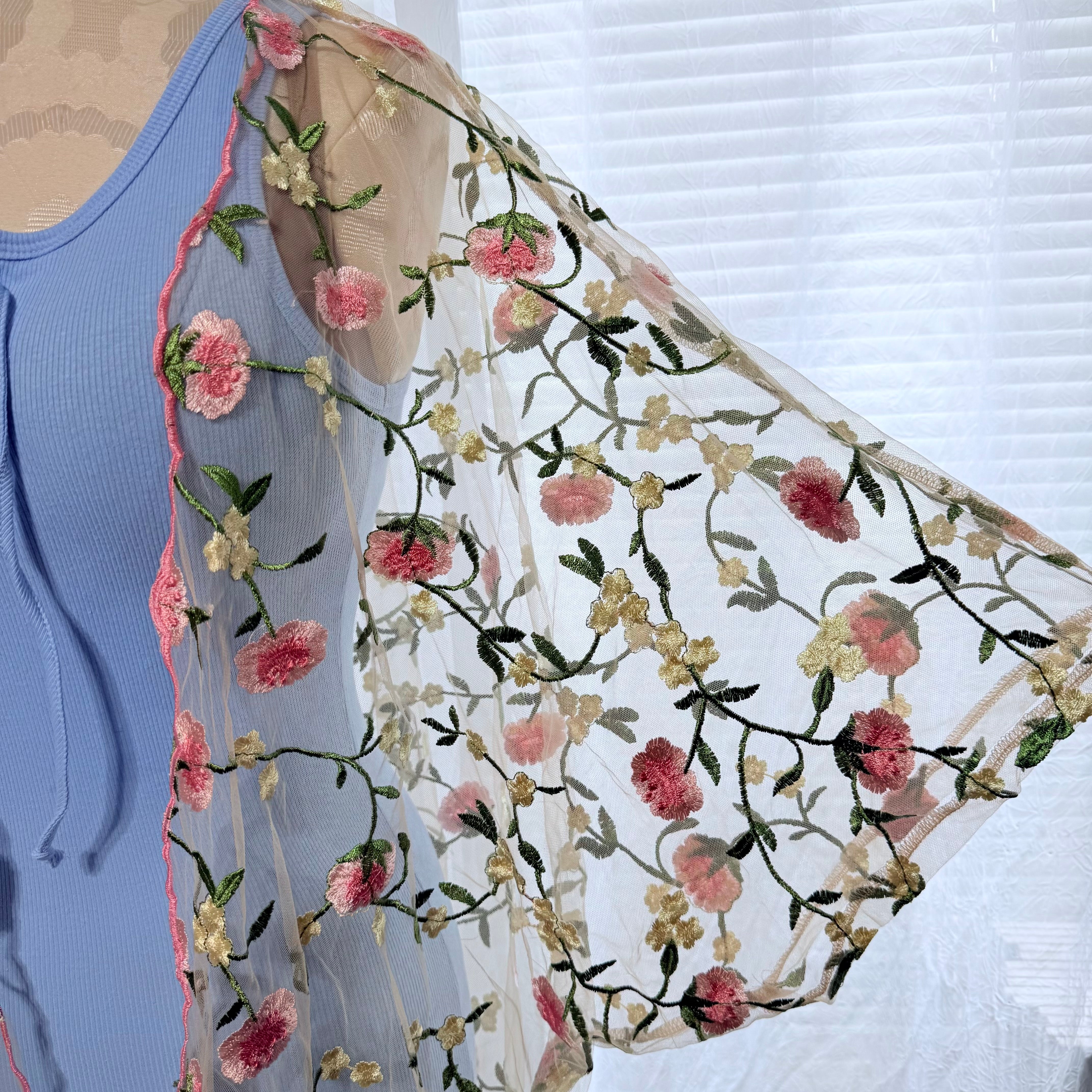Sheer Floral Embroidered Open Front Kimono