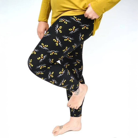 Yellow Cat Eyes Print Soft Black Leggings