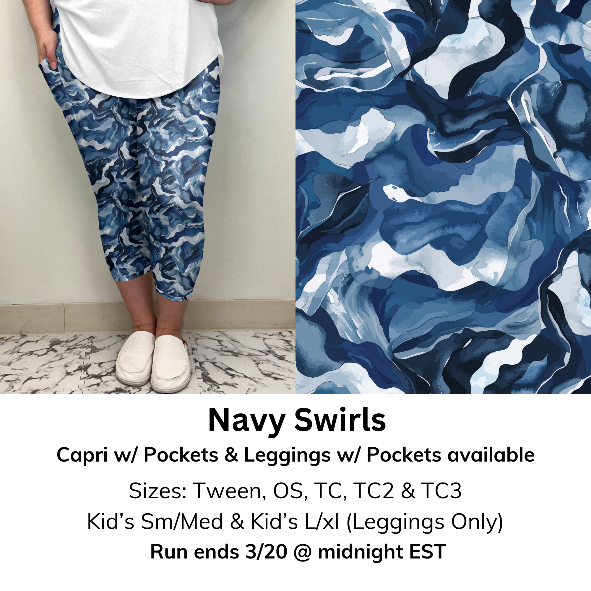 Navy Swirls Capri/Leggings w/ Pockets (Kid's Leggings too!) | Run ends 3/20 | ETA 32 Days