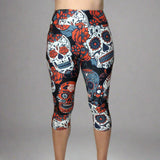 Large Sugar Skull Soft Capri Leggings w/ Pocket In Yoga Band