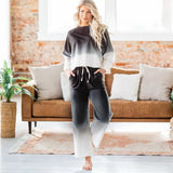 Cotton Ombre Dip Dye French Terry Long Sleeve Top Wide Leg Lounge Pants w/ Pockets Tracksuit SET - Black