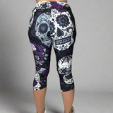 Large Sugar Skull Soft Capri Leggings w/ Pocket In Yoga Band