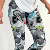 Bright Contrast Floral Hibiscus Blossom Print Soft Leggings