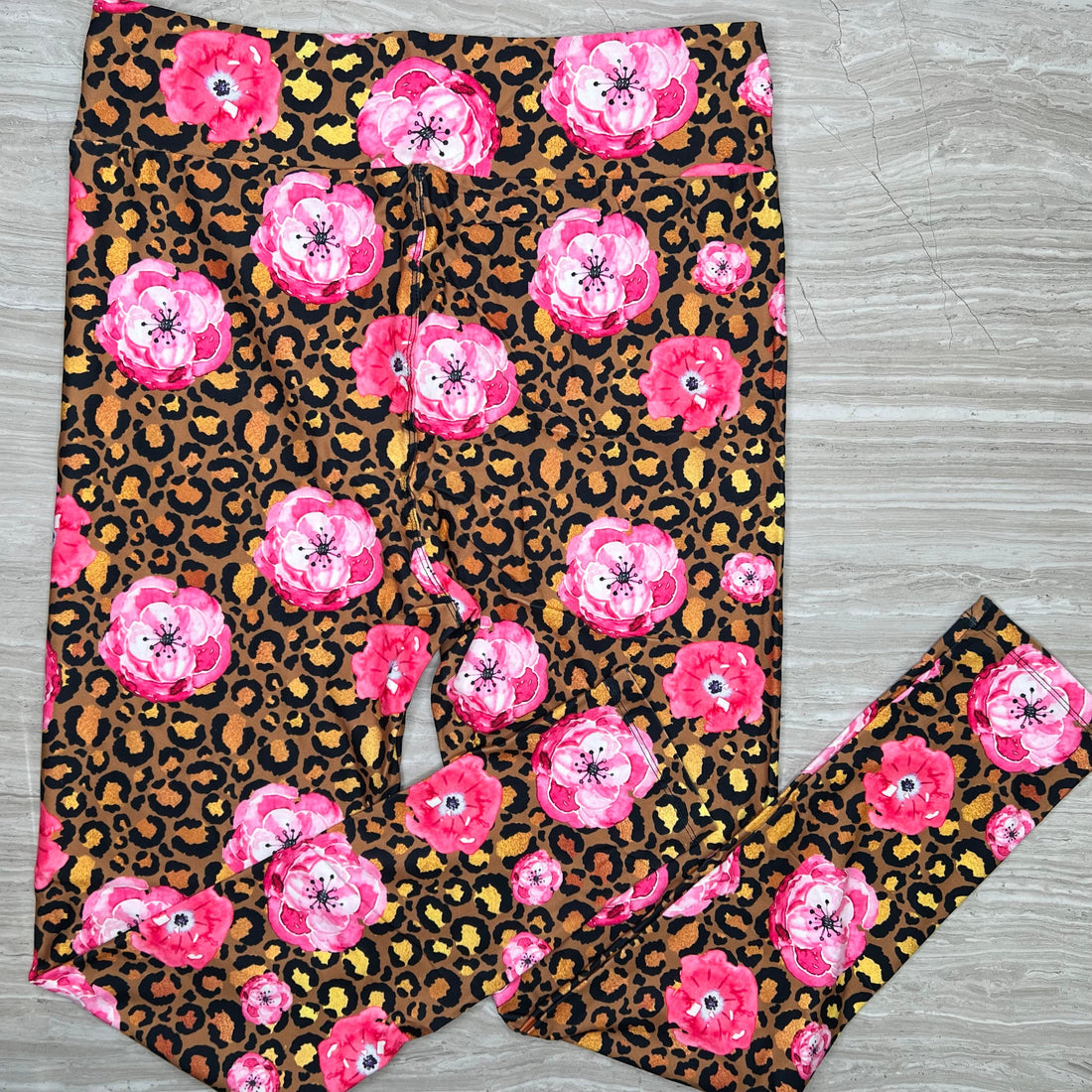 Pink Roses on Golden Leopard Print Leggings