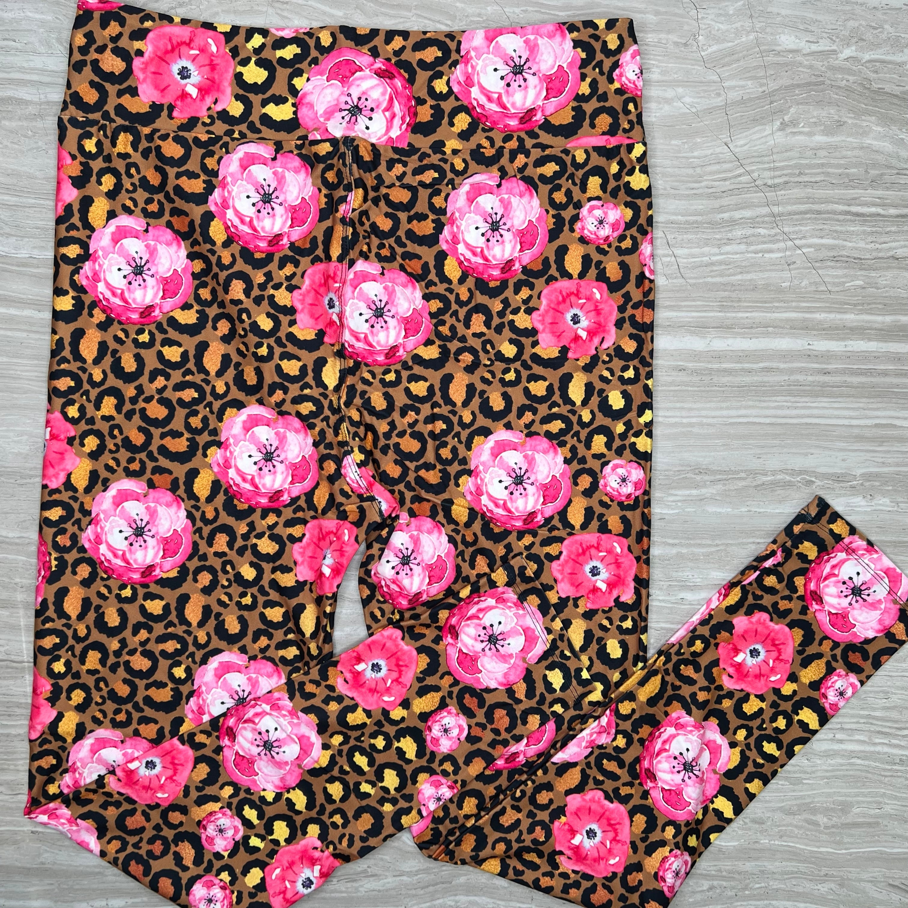 Pink Roses on Golden Leopard Print Leggings